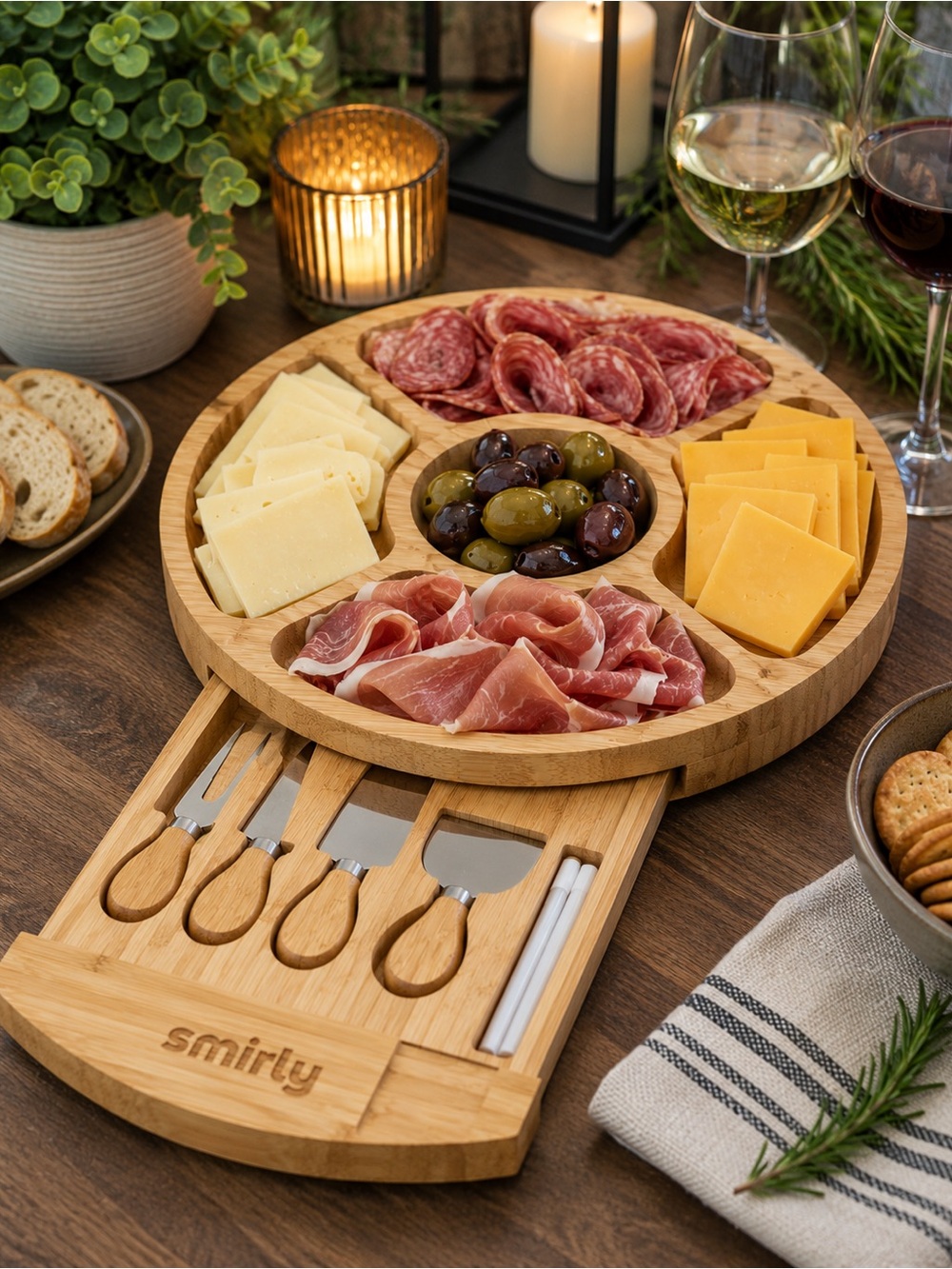 Charcuterie Cheese Board & Cutlery Set with  ramekins- Natural Wood
